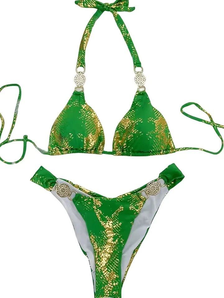 

Set Sexy Snake Print Bikini 2 Piece Set Women Laced Up Split Swimsuit Backless Beach Bikini 2026 New Summer Swimwear Bikini