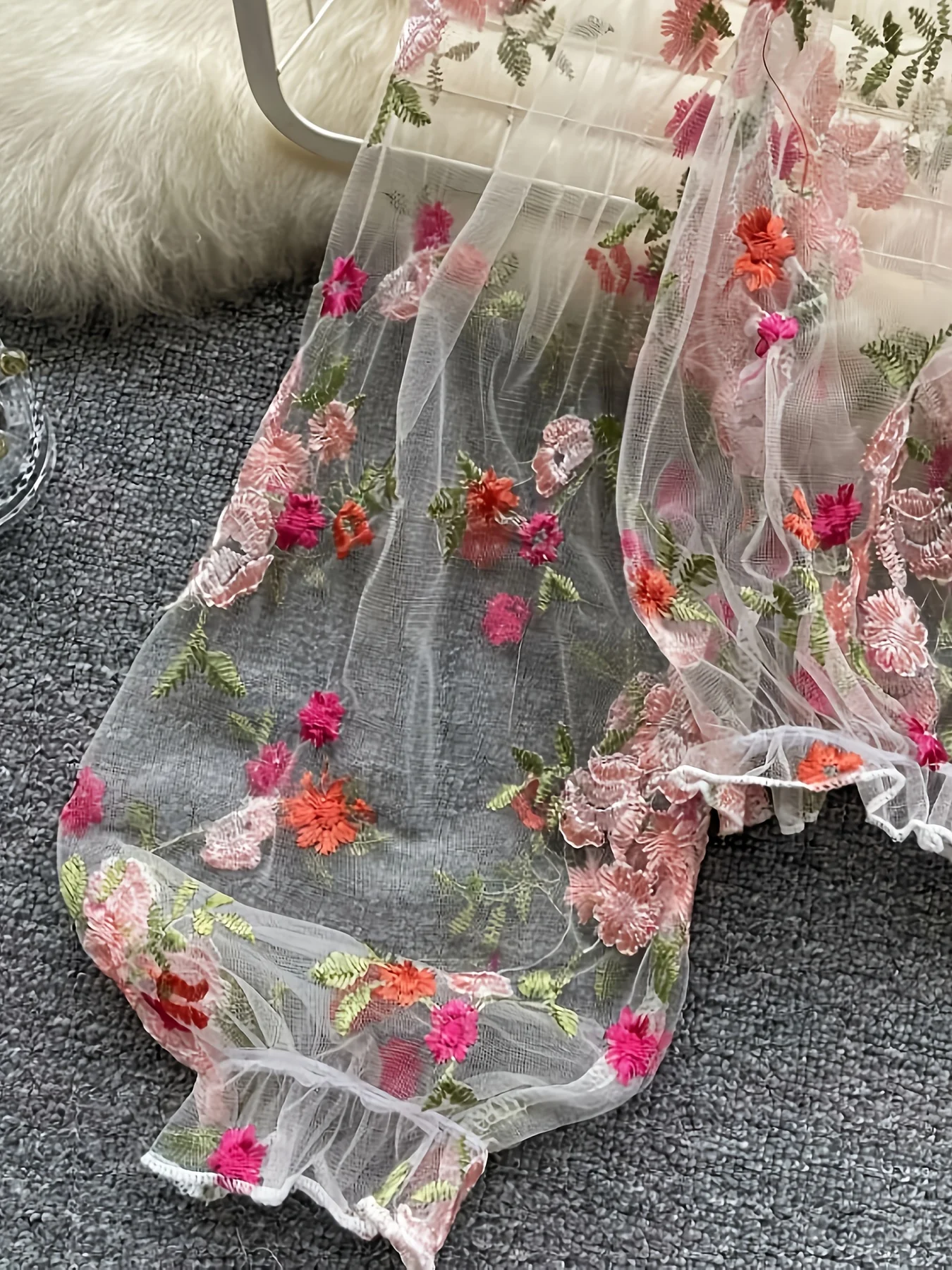 Pure Desire Off-Shoulder Mesh Embroidery See-Through Loose Short Long-Sleeve Top Blouse Lace Shirt