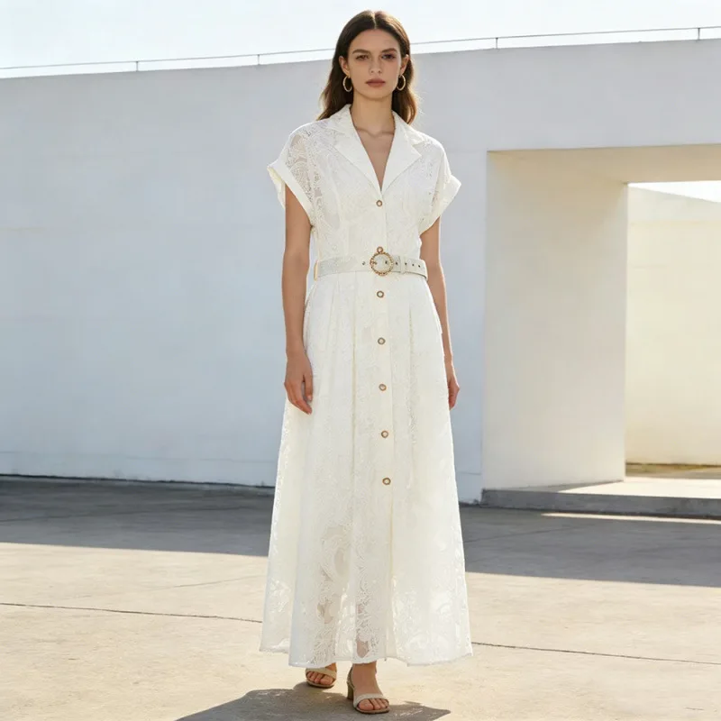 Ele Kant Geborduurde Bloemen Pak Kraag Dr Knop Taille Cinched Lange Dr Nieuwe Vakantie Sle Hoge Taille Zijde Materiaal