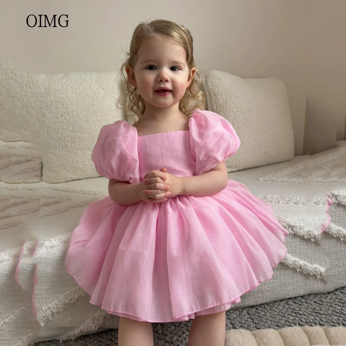 OIMG Pink Ball Flower girl Dresses Puff Sleeves Gown Wedding Party Dress Tulle Birthday Dress Customized