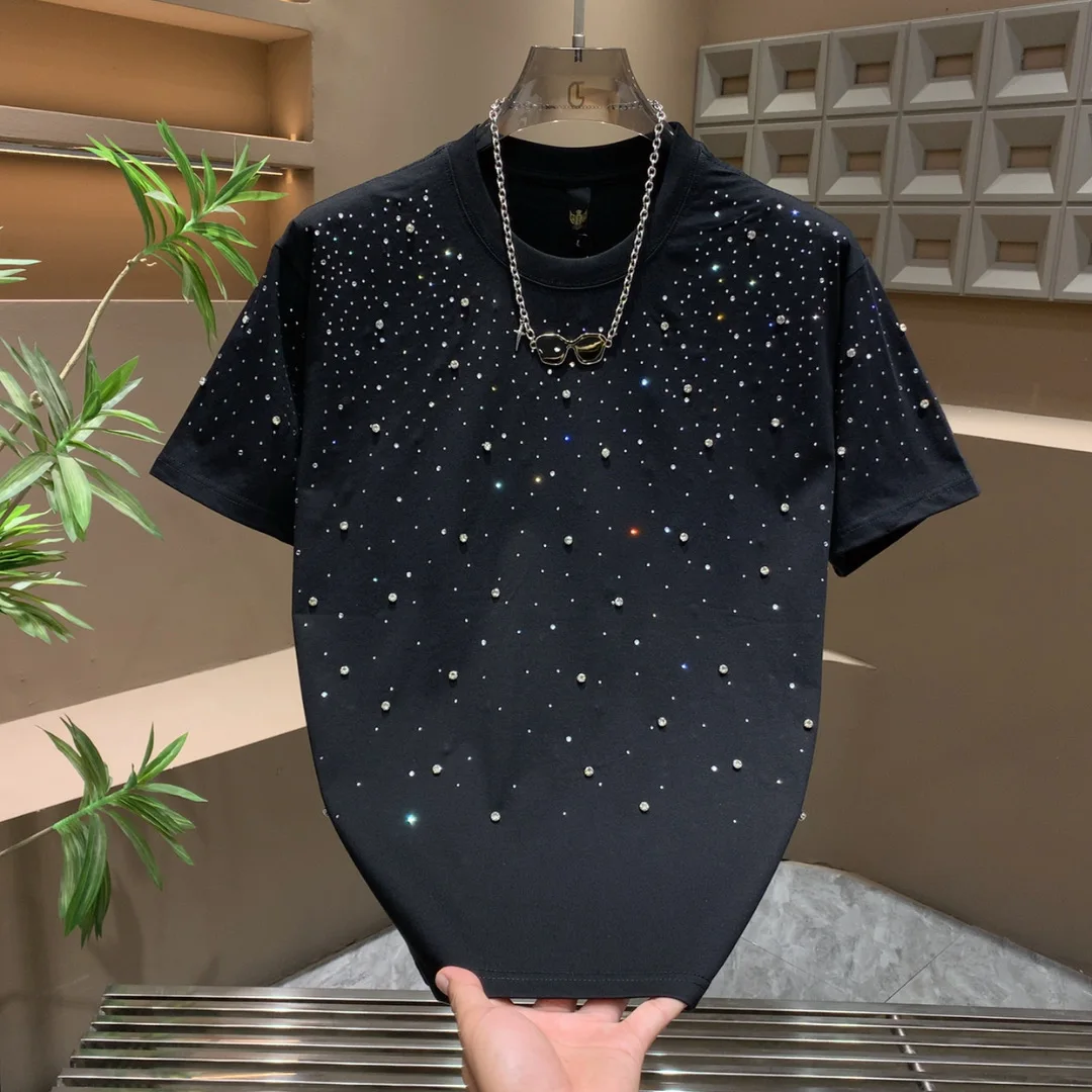Fashion Trend High-End Heavy Rhinestone Casual Round Neck Short Sleeve Stylish Men's Summer Fashion Versatile Half Sleeve Top