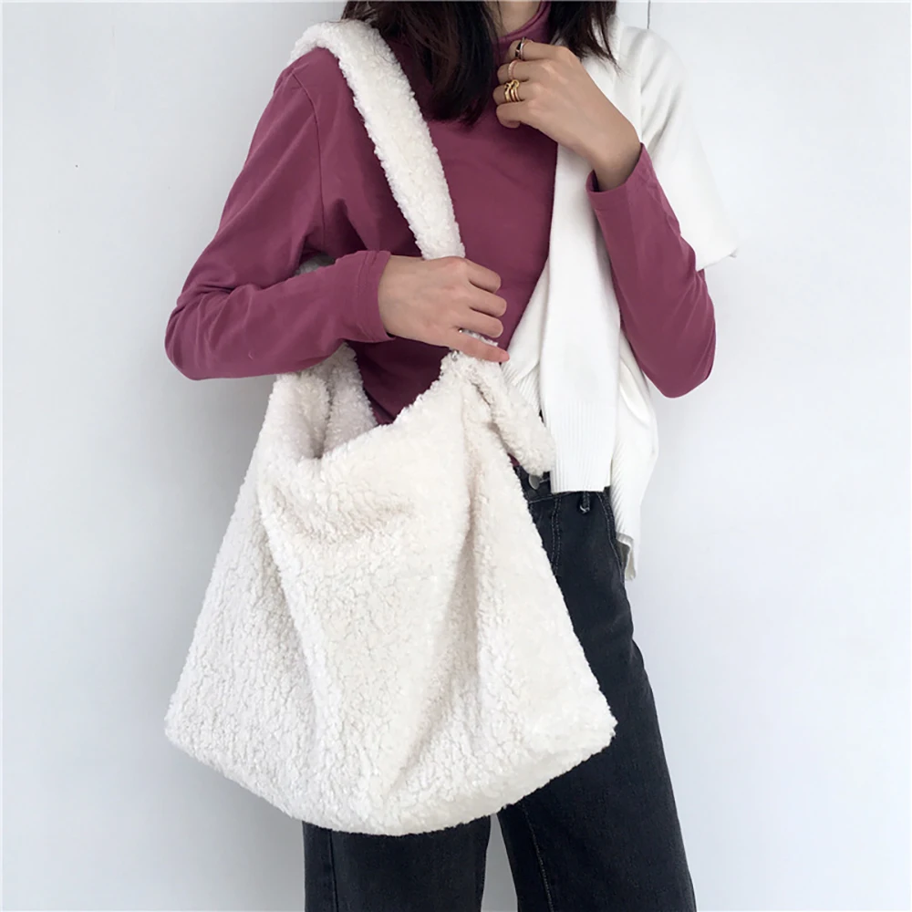 

Female Bag Soft Plush Aslant Bag Shoulder Bag Large Capacity Artificial Lambs Wool Women Design Casual Large Tote Shopping Sac