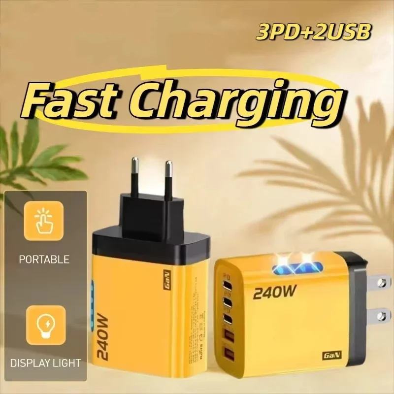 240W 5 In 1 Gan Desktop Charger 3PD 2 USB Fast Charging EU/US Charger Display Light For Iphone Samsung Xiaomi Huawei New