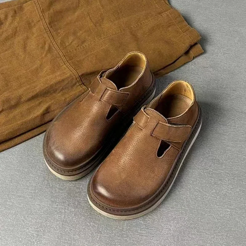 Mocasines de piel auténtica con suela gruesa para mujer, zapatos planos de piel de vaca Retro