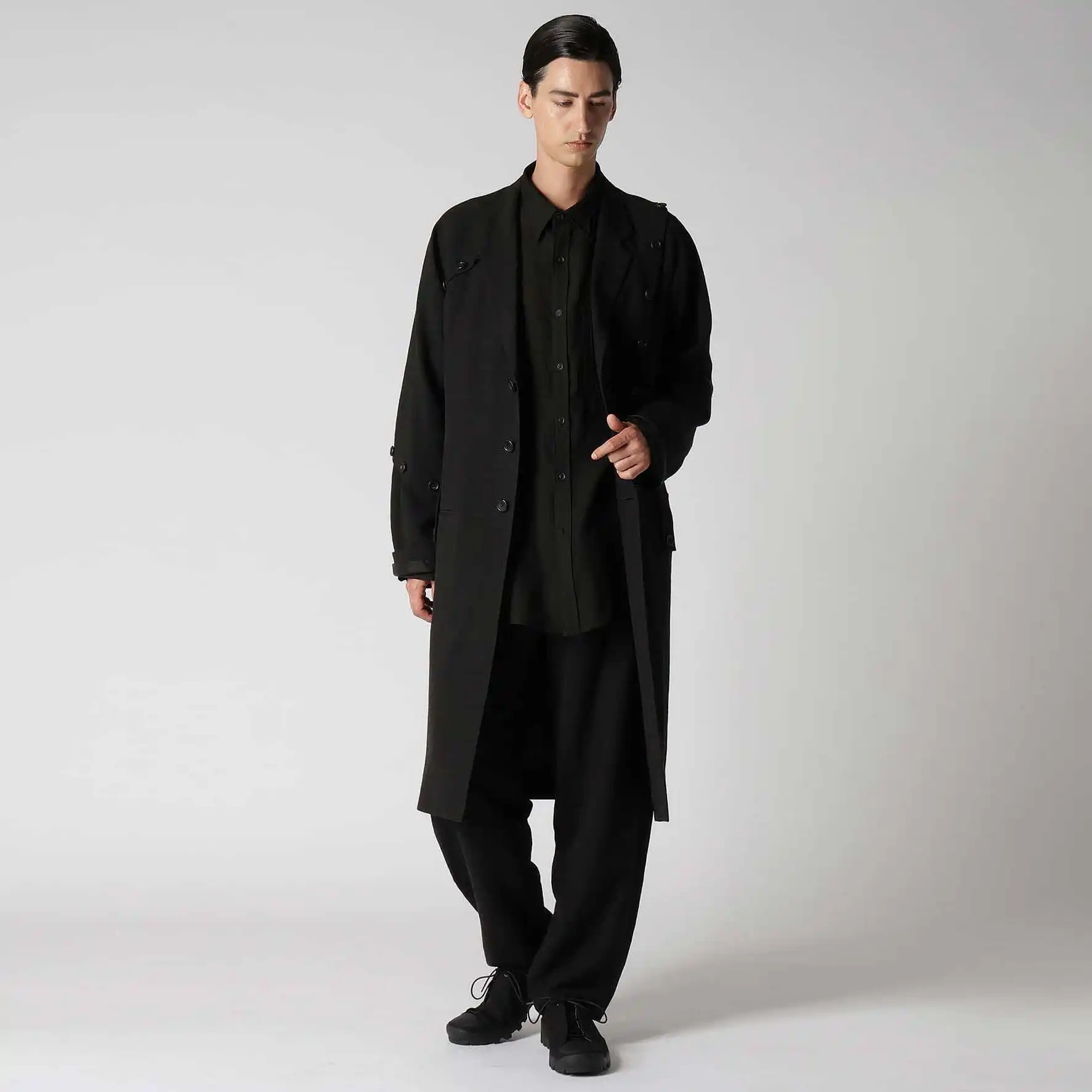 Yoji ooak design sentido botão assimétrico decoração terno colarinho jaqueta médio longo tubo reto preto trench coat para homem
