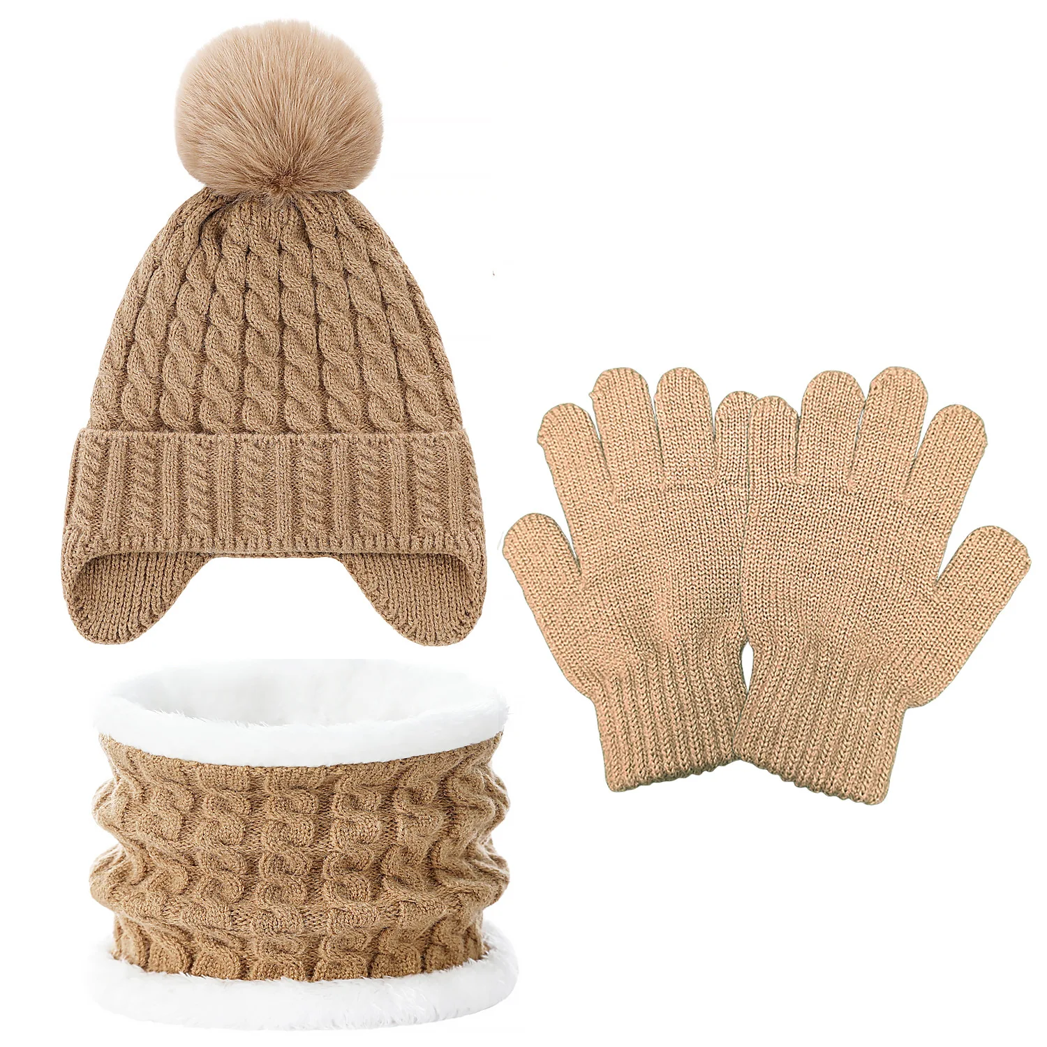 Kids Winter Hat Scarf Gloves Set 3 Piece Fleece Lined Pom Pom Knit Beanie Warm Outdoor Accessories