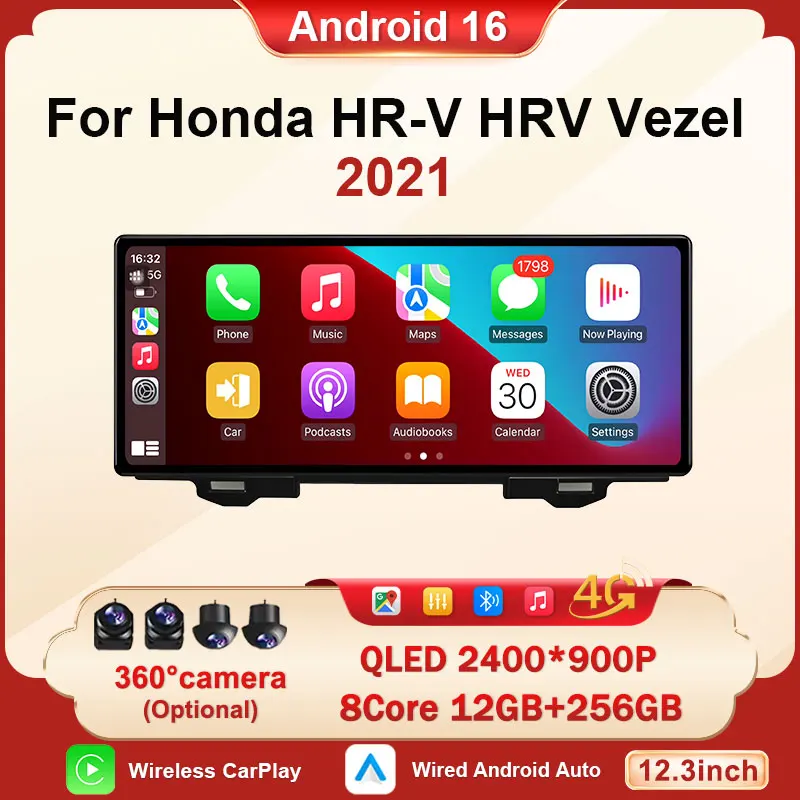 Ultra-thin Screen CarPlay Car Radio Multimedia Player for Honda HR-V HRV Vezel 2021 Android 16 GPS Navigatio DSP Stereo WiFi BT
