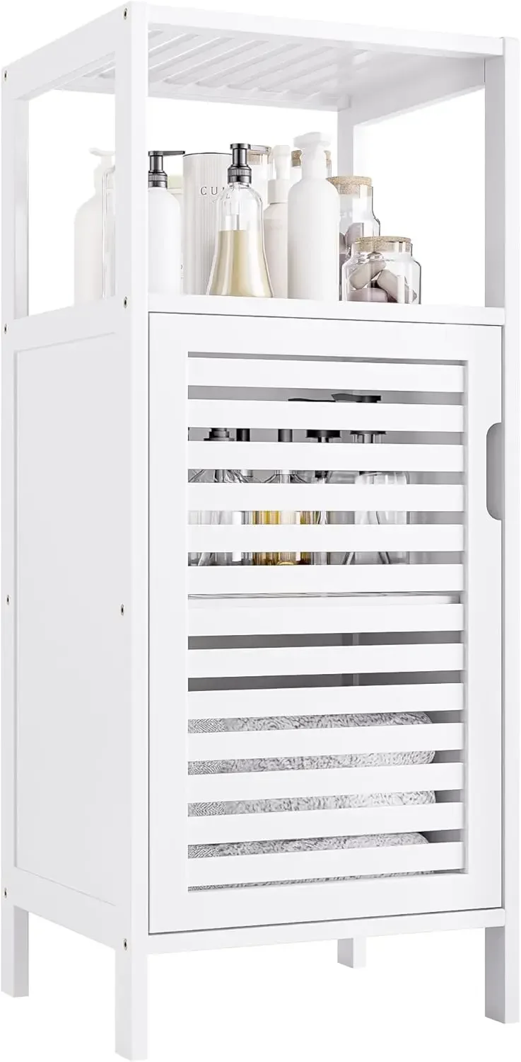 

Bamboo Bathroom Storage Cabinet, 4 Tier Small White Floor Cabinet with Single Door, Free Standing Slim Narrow Storage Organizer
