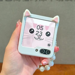 For Samsung Galaxy Z Flip 5 6 Zflip5 Case Cute Ear Pearl Bracelet Chain Protective Cover