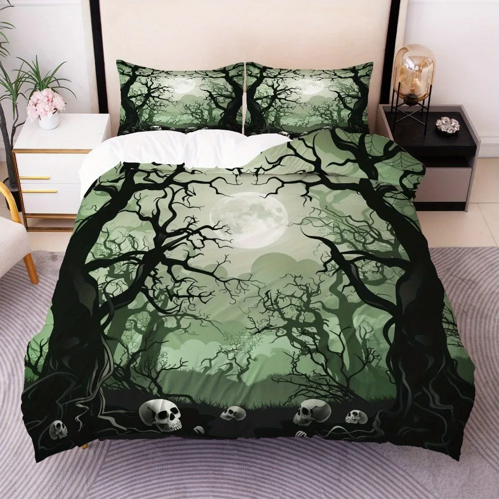 Set biancheria da letto di Halloween Teschio Nebbia Foresta Alberi appassiti Stampa Copripiumino accogliente King Queen Twin Size Regalo di compleanno Arredamento camera da letto