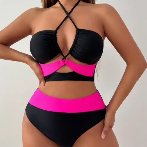 

European and American New Hot-selling Solid Color Bright Color Splicing Sexy Cross Neck Strap Two-piece Bikini Swimsuit TK373