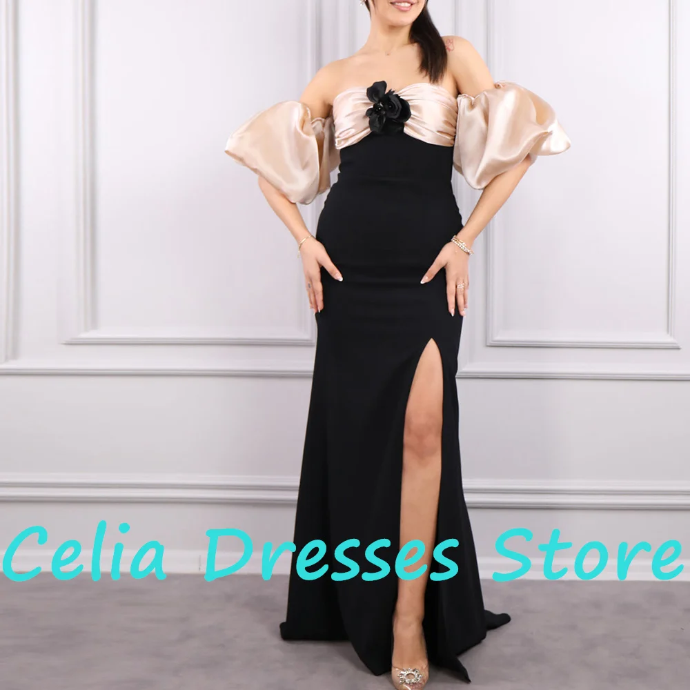 Classic Celebrity Dress Floor Length Straight Satin Short Sleeves Floor Length Pleats Sweep Train Beading Flowers Party Gowns