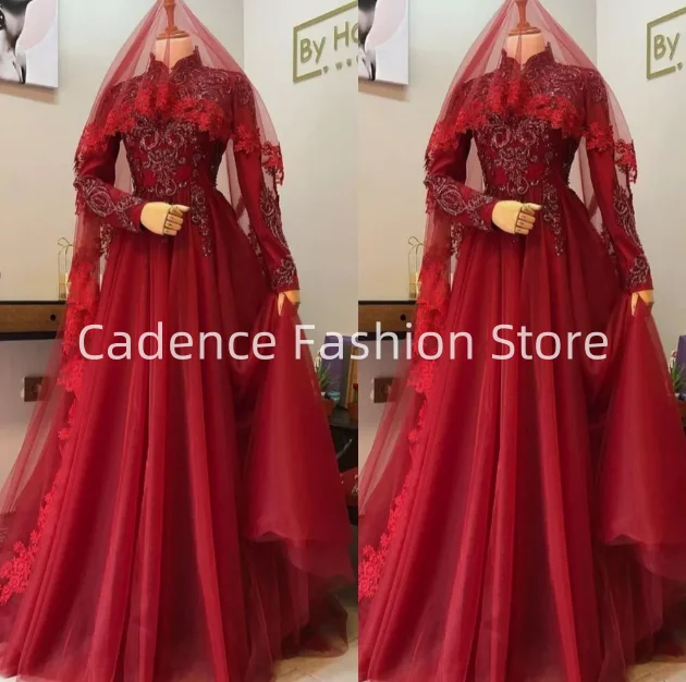 Luxury Red Muslim Wedding Dress Long Sleeve High Neck Lace Appliqued A-Line Dress Wedding Dresses Customized vestido de noiva