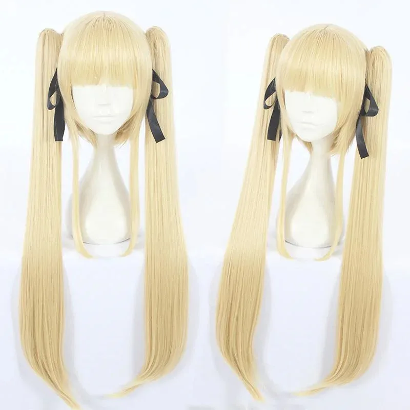 2025 11 jeu mort ou vivant Marie Rose Cosplay blond style avec puce queues de cheval cheveux synthétiques + ruban noir gratuit + perruque