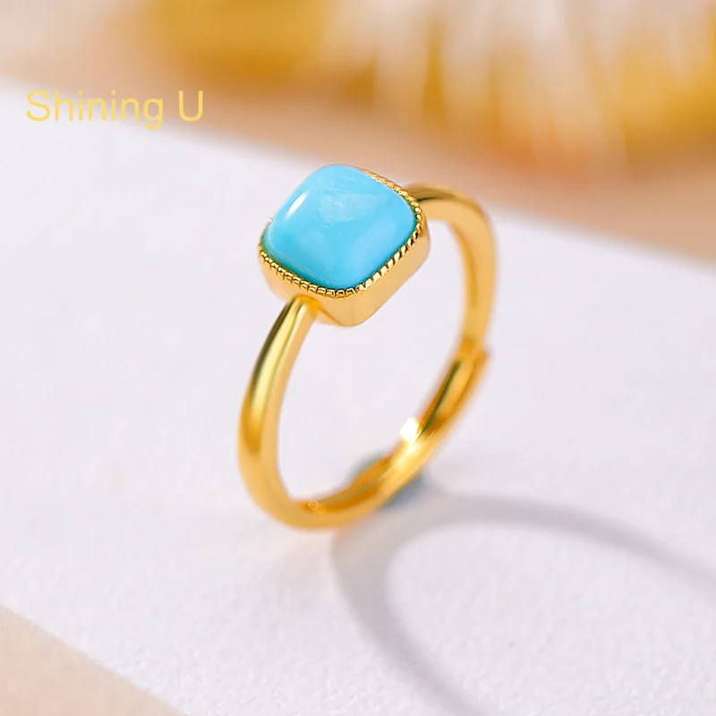 Shining U 925 Sterling Silver Square Turquoise Open Ring for Women Fine Jewelry Summer