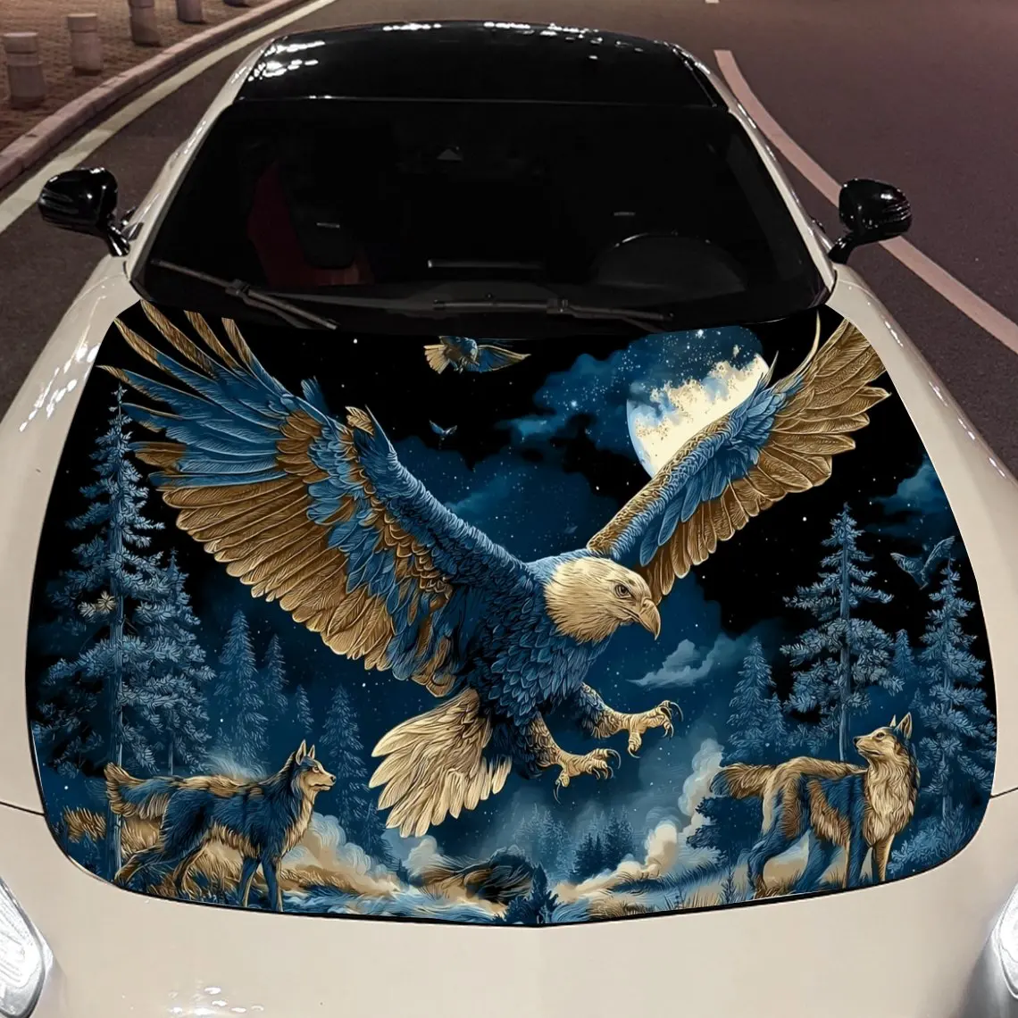 

Starlight Eagle & Wolf Car Vinyl Wrap, PVC Material Waterproof Car Hood Sticker, Self-Adhesive Scratch-Resistant Stickers for En