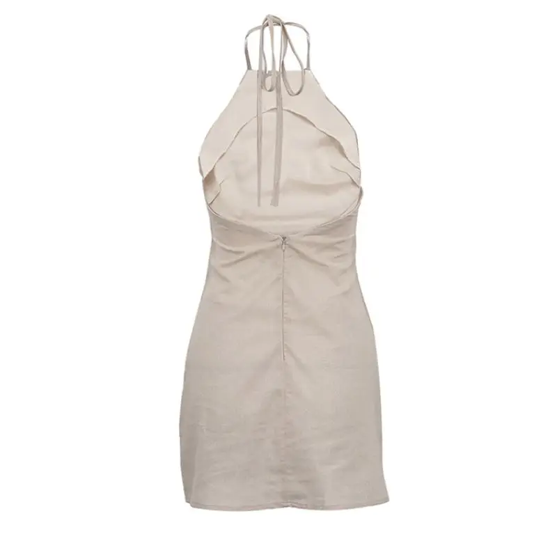 khaki backless dress Margo Khaki-Taupe backless halter-neck mini dress in Silk Satin