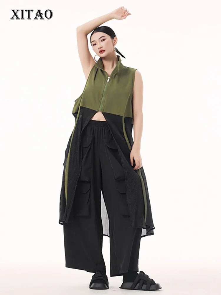 

XITAO Zipper Mesh Patchwork Sleeveless Irregular Vest Contrast Color A-line Summer Turn-down Collar Women All Match Vest GMM1366