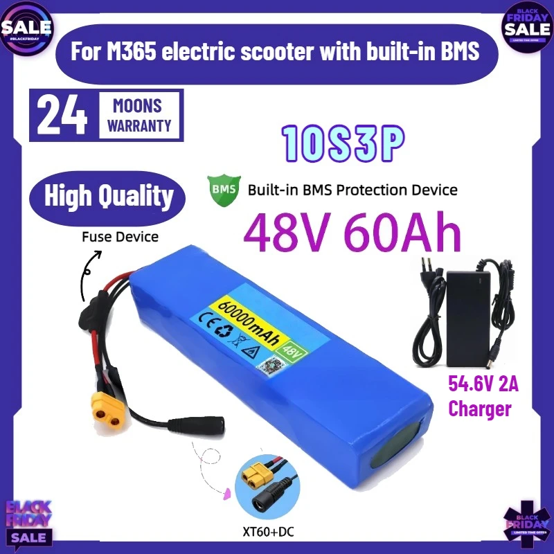 10S3P 48V Electric Scooter Battery Pack 18650 Lithium for M365 Electric Scooter 60000mAh Battery Scooter with Charger