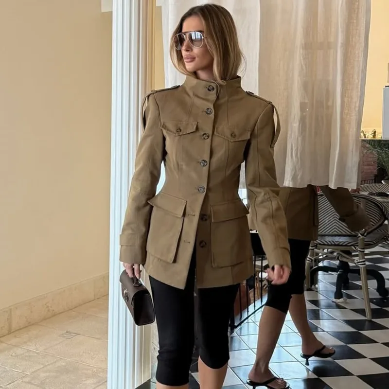 Jaket Wanita Vintage Talenza Model Slim Fashion Lengan Panjang Kancing Satu Baris Mantel Berkantong Jaket 2025 Streetwear Wanita Terbaru