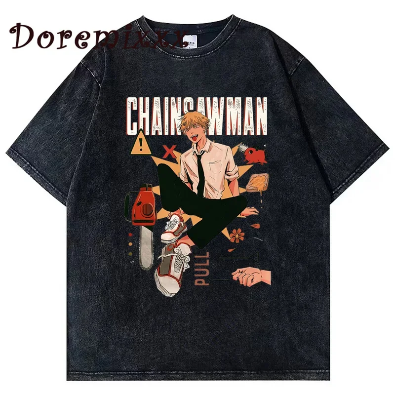 Chainsaw Man Washed T Shirt Women Men Manga Print Graphic Tshirt Ullzang Graphic T-shirt Funny 90s Anime Tops Unisex Streetwear