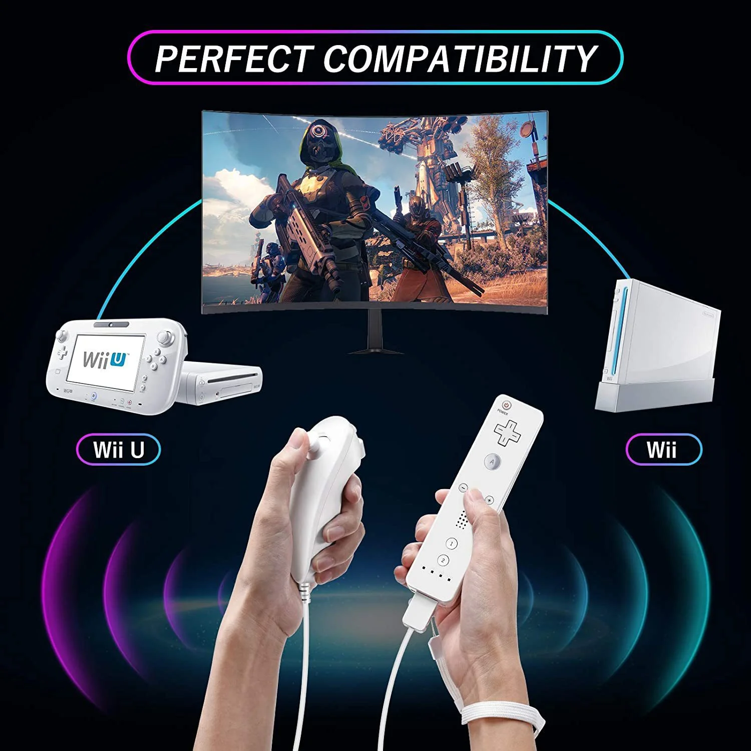 Juego de controladores de vibración inalámbricos para Wii/Wii U: Joystick Nunchuk izquierdo + control remoto derecho con funda de silicona y correa para la muñeca