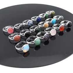Healing Natural Stone Ring 10mm Round Blue Black Green Rose Pink Crystal Adjustable Thick Joint Ring for Women Jewelry