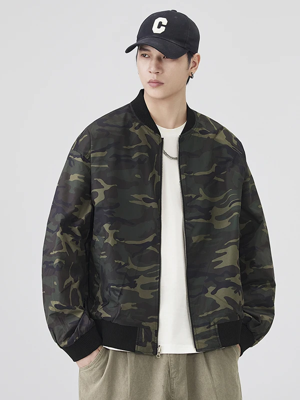 Double-Sided Wear American Pilot Jacket Men's Loose Workwear Baseball Outfit Coat Retro Camouflage Design Youth Polyester Fiber
