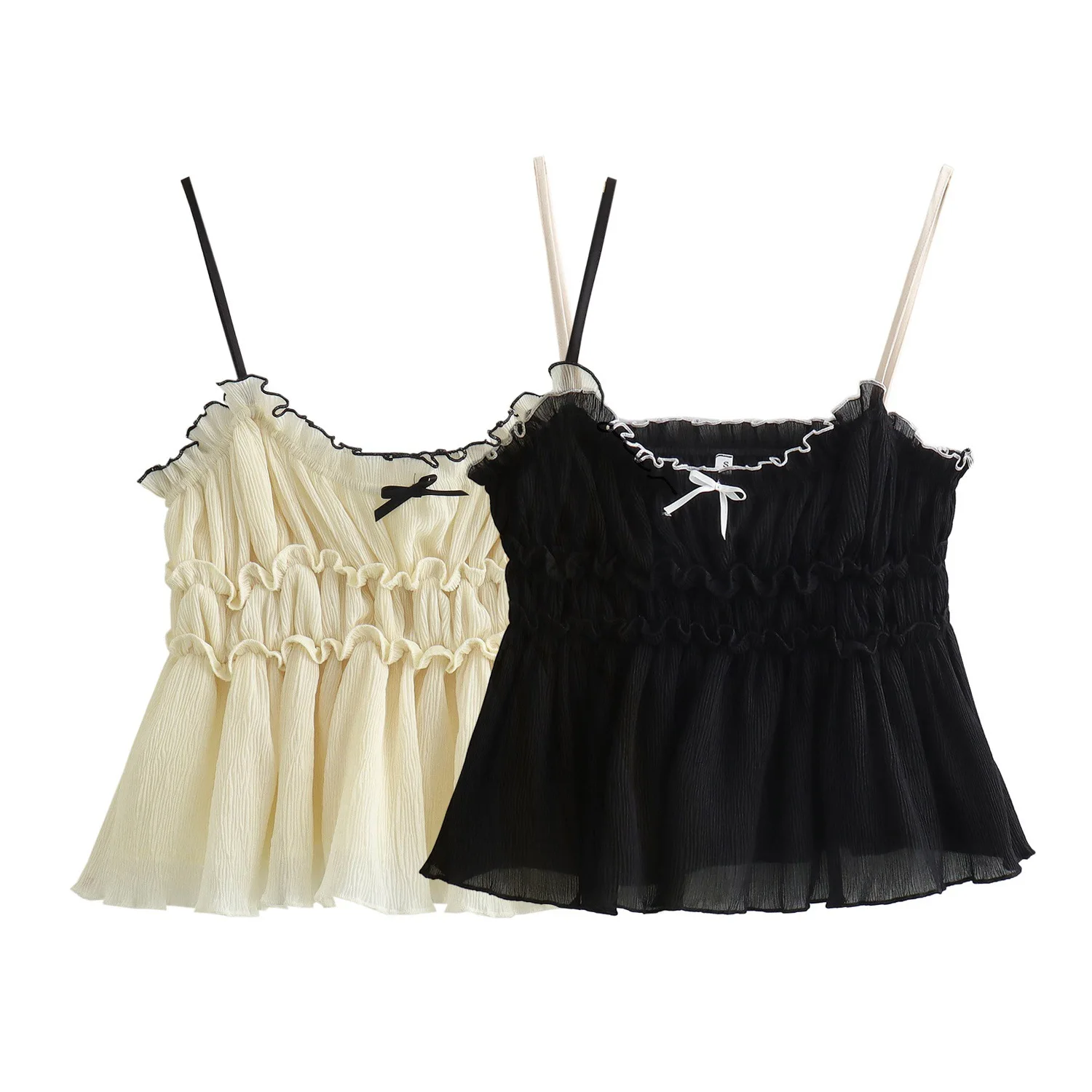 

Hot Sexy Spicy Girl Small Bow Decoration Texture Stacked Top