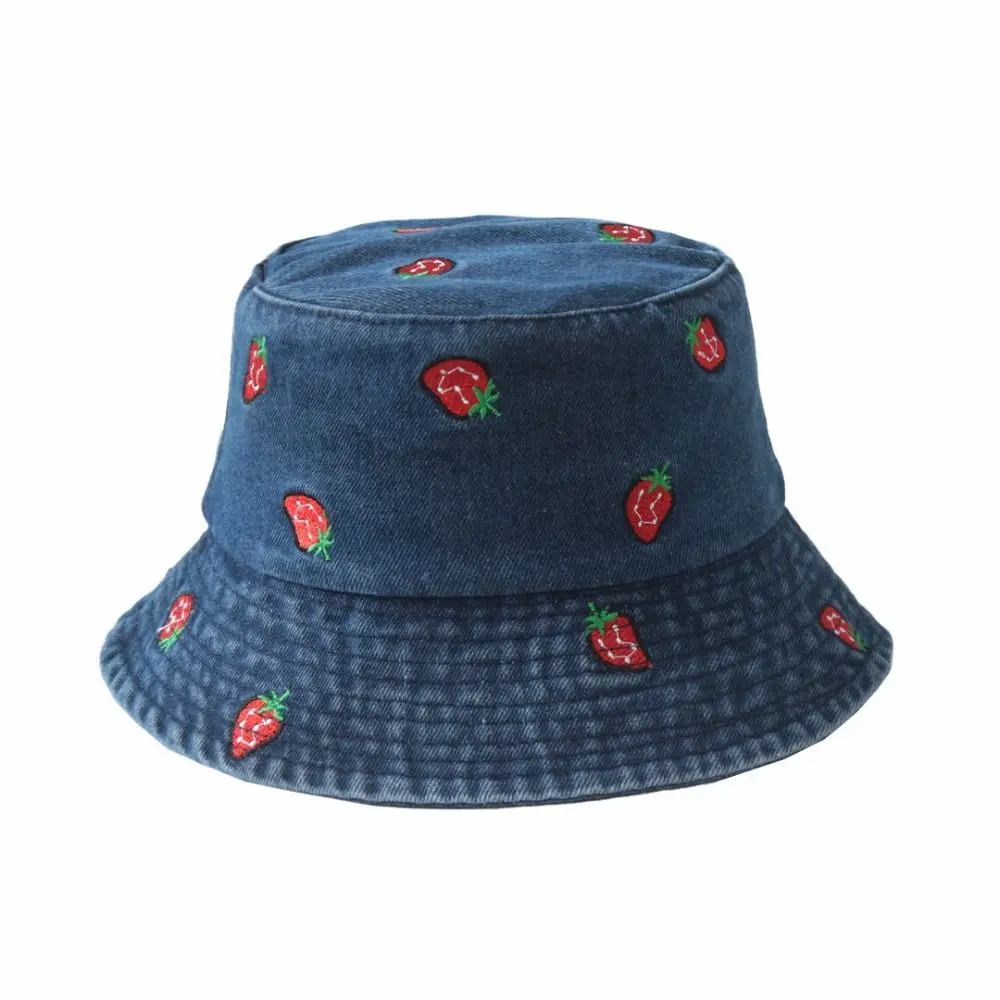 Watermelon Strawberry Embroidered Denim Bucket Hat Butterfly Pattern Wide Brim Beach Hat Denim Fisherman Hat Spring and Summer