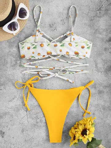 ZAFUL Daisy Lace Up Tie Side Floss Bikini Swimwear