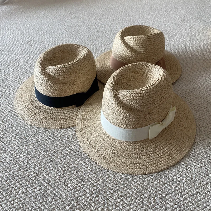 2024 New Handwoven Raffia Straw Hat For Women And Men Caps Bow Decoration Jazz Hat Summer Wide Brim Beach Sun Hat Women Chapeu