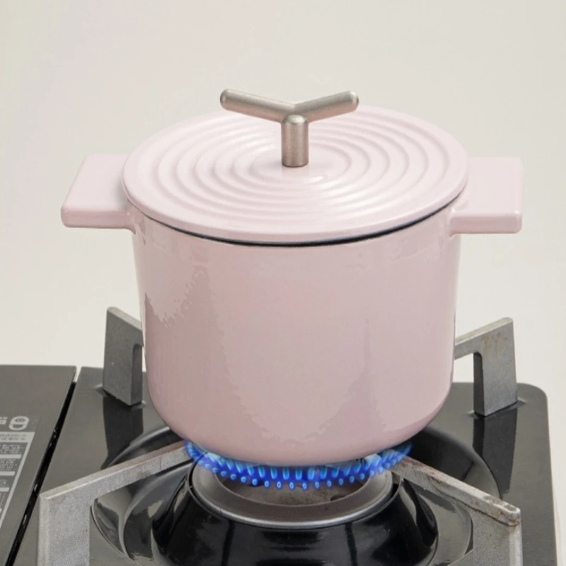 Enamel Cast Iron Pot, Non-Stick Stew and Soup Pan for One-Person Cooking, Heat Retention Design, Compatible with All Stoves