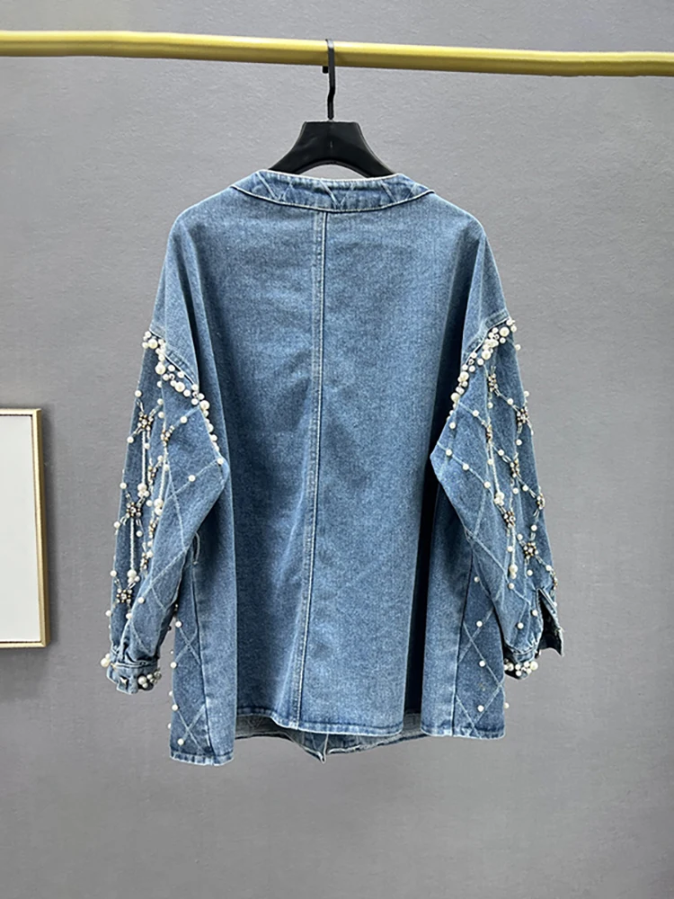 DEAT Women\'s Denim Coat Nail Drill Pearls Pendant Plaid O-neck Single Breasted Elegant Jackets 2024 Autumn New Fashion 29L7246