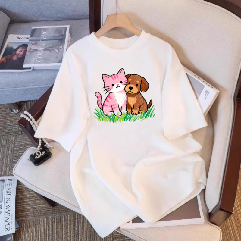 

Женская свободная хлопковая футболка для пар с милым мультяшным принтом кота и собаки, подходящая для повседневной повседневной носки