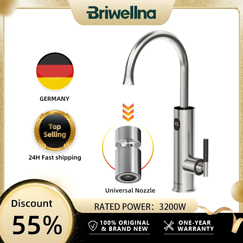 Briwellna Instant Hot Water Tap With Flexible Extender Nozzle 220V Electric Faucet Stainless Steel Heating Tap Geyser Faucet