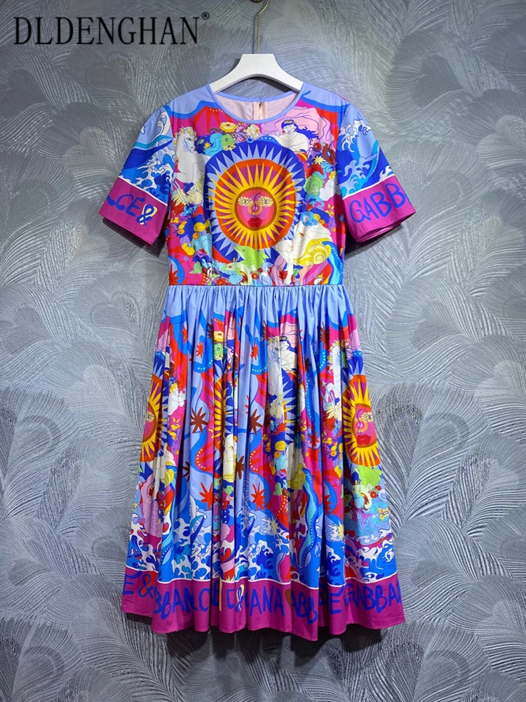 

DLDENGHAN Spring Summer 100% Cotton Dress Women O-Neck Short Sleeve Letter Multicolor Print Vintage Dresses Fashion Runway New