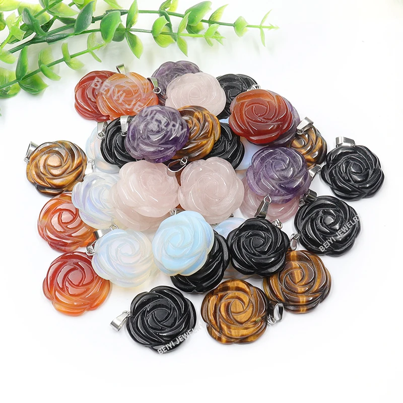 

10pcs Carved Natural Stone Rose Flowers 28mm Pendant Crystal Healing Reiki Beads Craft Ornament For Jewelry Making Wholesale