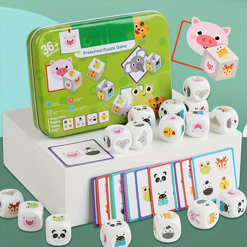 Animal Matching Card Game Wooden Dice Animal Puzzles for Toddlers Preschool Learning Activities Toys for Kids Travel Board Games