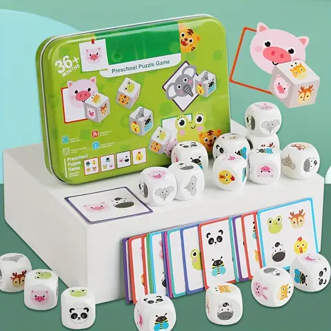 Animal Matching Card Game Wooden Dice Animal Puzzles for Toddlers Preschool Learning Activities Toys for Kids Travel Board Games