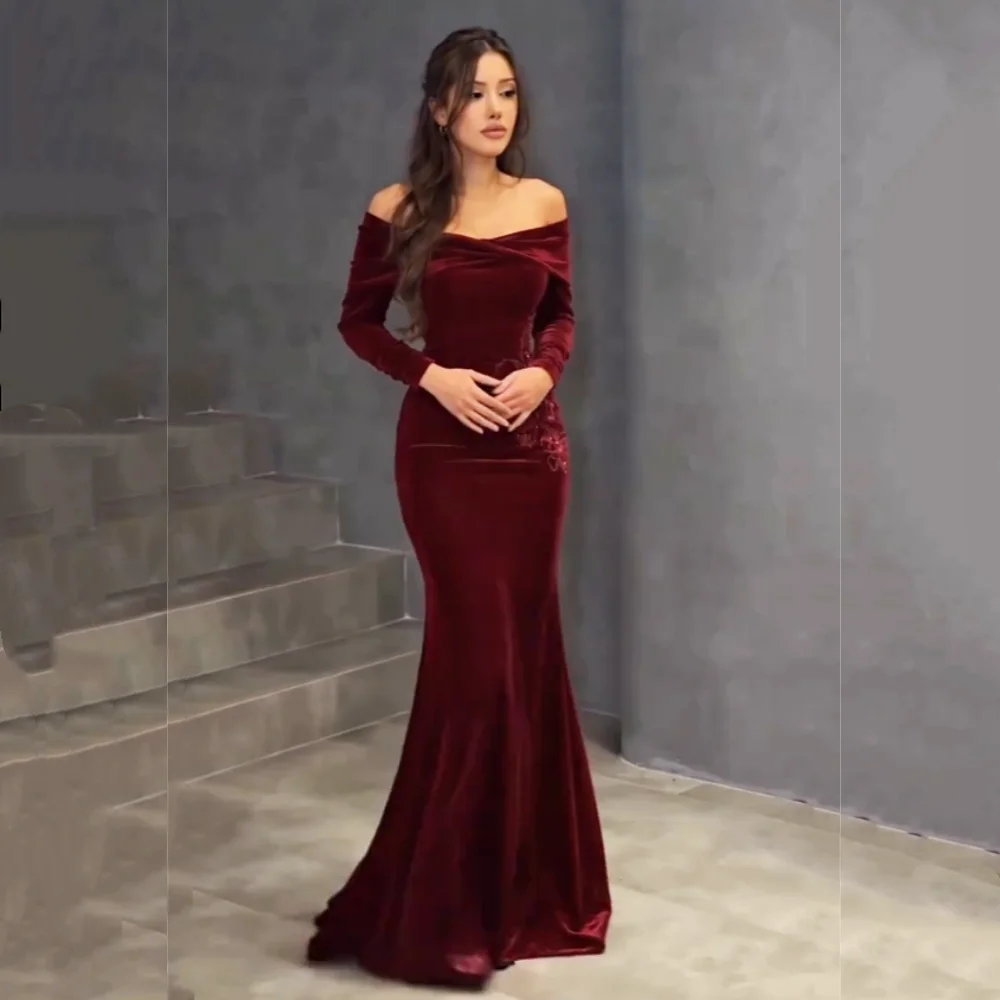 Customized Elegant Party Dresses Off-the-shoulder Velour Mermaid Long Dresses Formal Evening Gowns High Quality