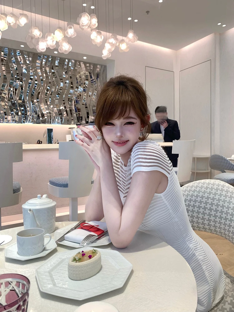 

Morning White Knitted Dr Women's Hollow ort Sve A-Line Skirt Casual High Waist Soft Polyester Spring Summer A...