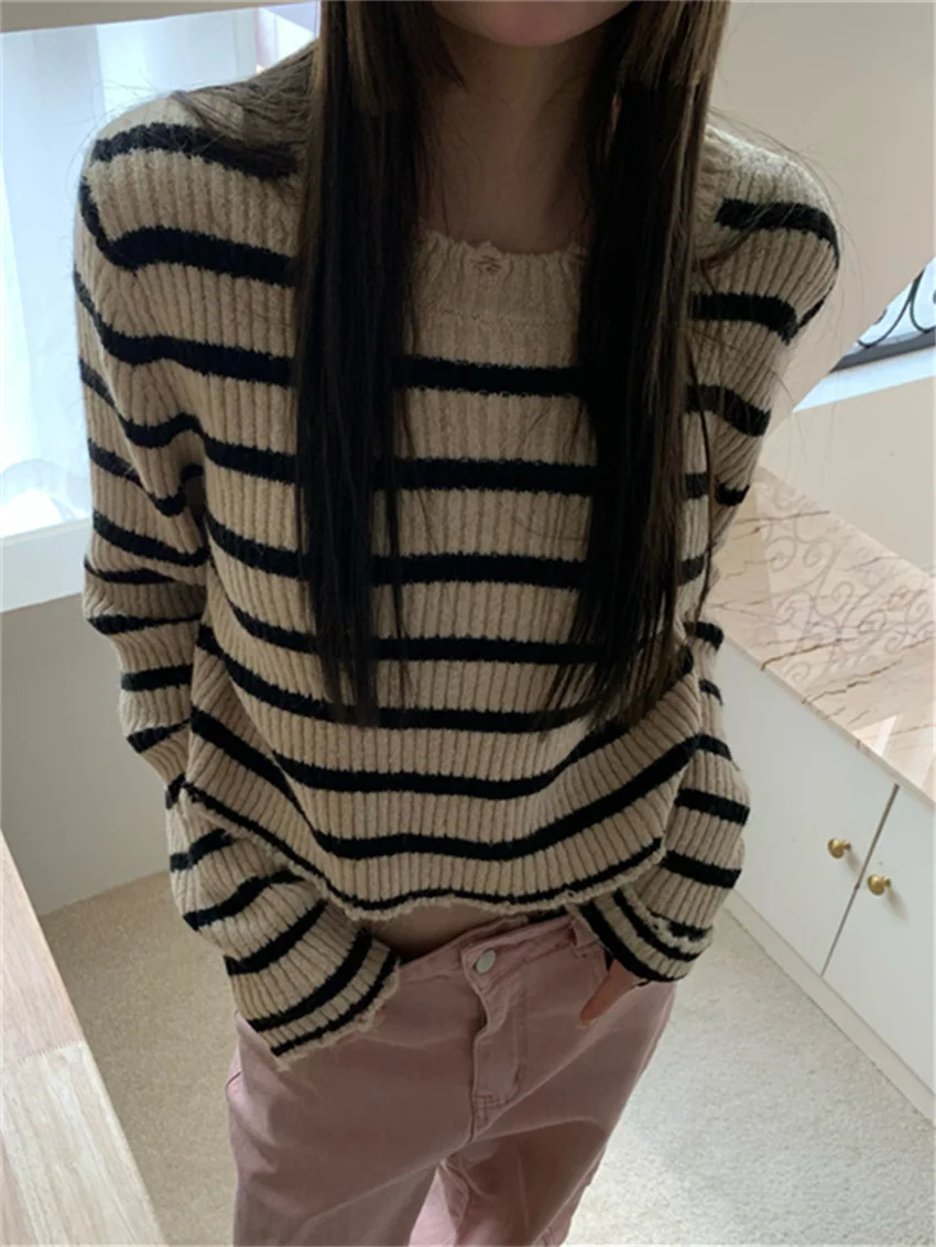 PLAMTEE All Match Sweaters Soft Women Chic Full Sleeve 2023 Loose Stripes Autumn High Waist Mujer Gentle Office Lady Pullovers