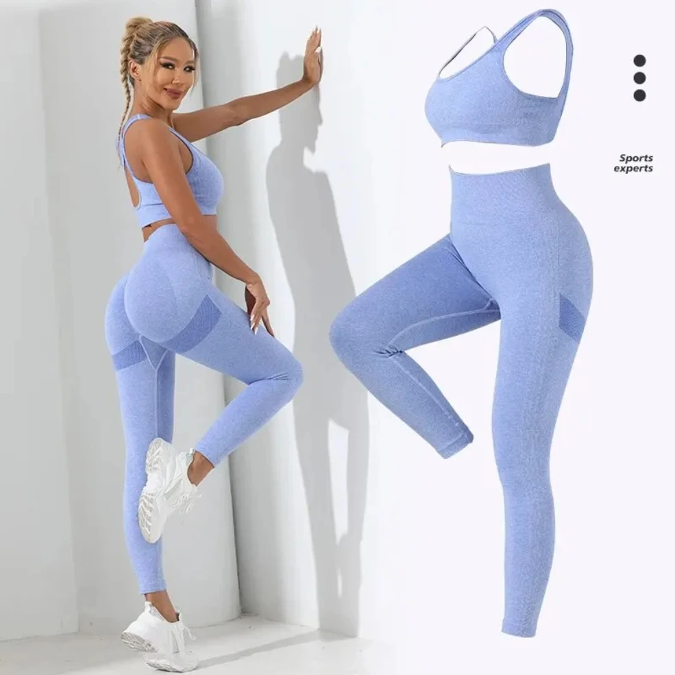 Yoga Basic 2 szt. Bezszwowy zestaw do jogi o wysokiej rozciągliwości Dres Zestaw gimnastyczny Crisscross Back Cami Hip-hugging Legginsy wyszczuplające brzuch