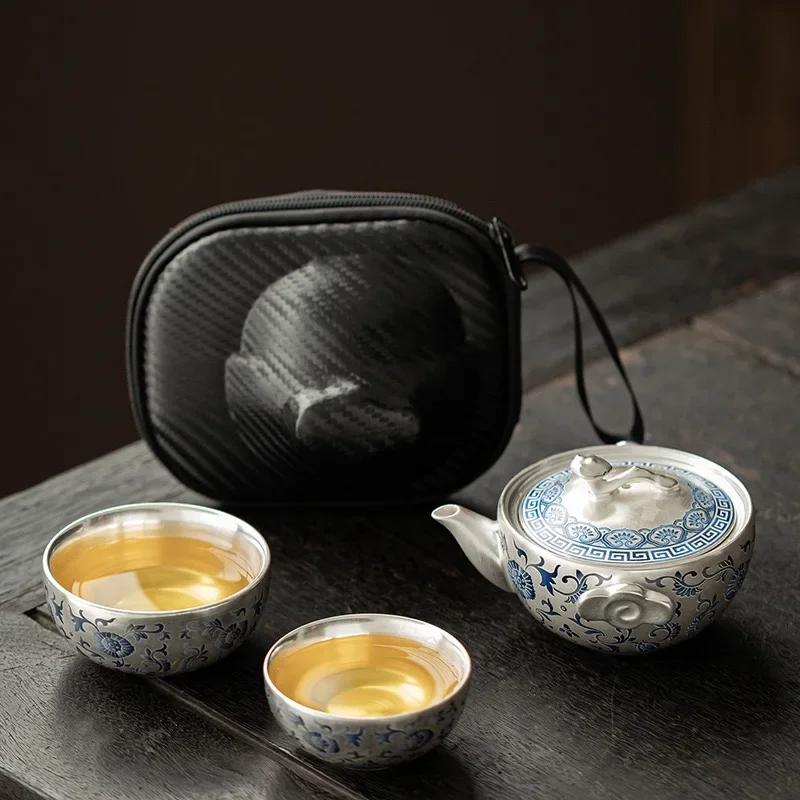 Entangled Lotus Hand-plated 999 Silver Travel TeaSet 1 Pot 2 Cups Portable Express Cup Outdoor Camping Picnic Simple TeaSet Gift