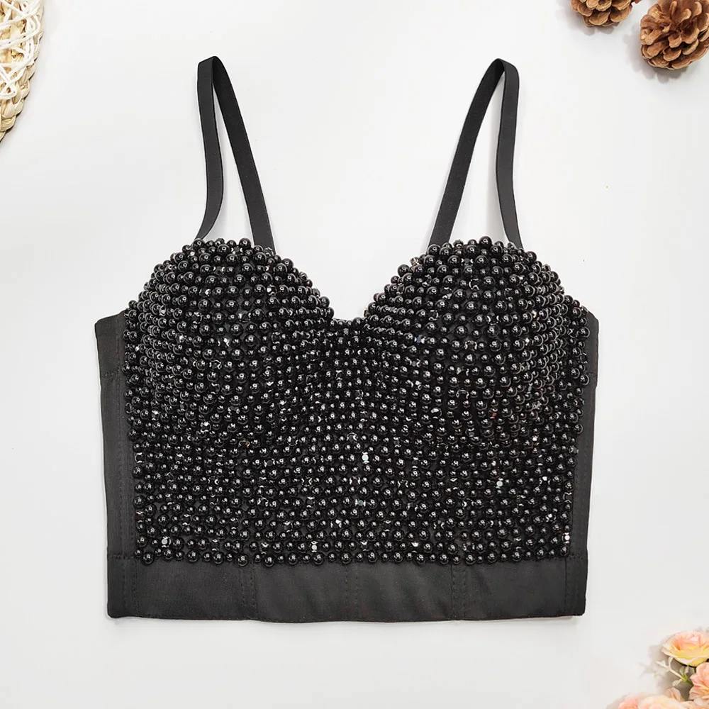 SsTss Pearls Beading Rhinestone Glittering Tank Top Women Clothes Elegant Push Up Night Party Bustier Bra Ladies Corset Crop Top