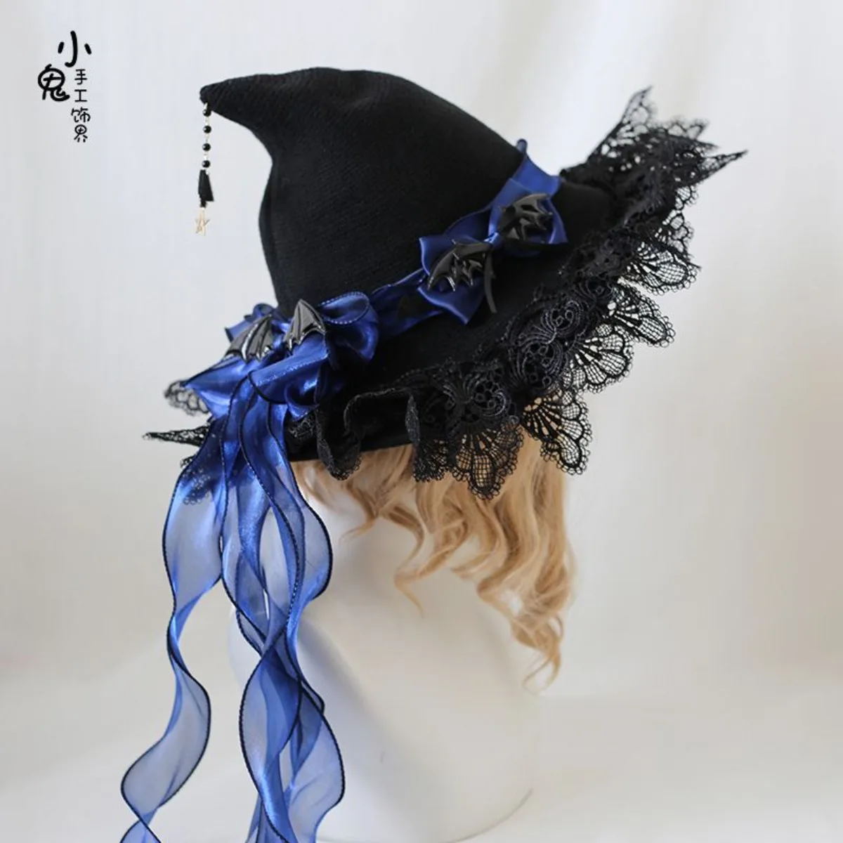Original Design Lolita Woolen Witch Hat Devil Bow Lace Decor Gothic Wizard Headwear for Halloween Cosplay Party Costumes