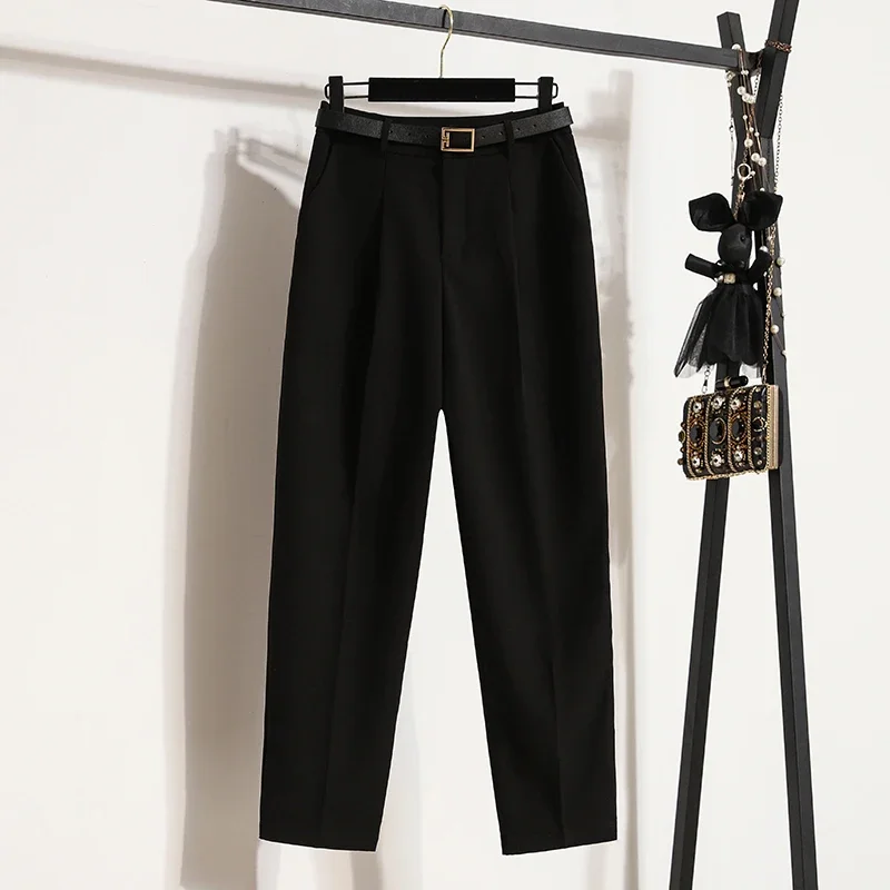 Moda terno harem calças para mulheres solto elástico de cintura alta calças retas casuais com cinto tornozelo comprimento calças largas perna mujer