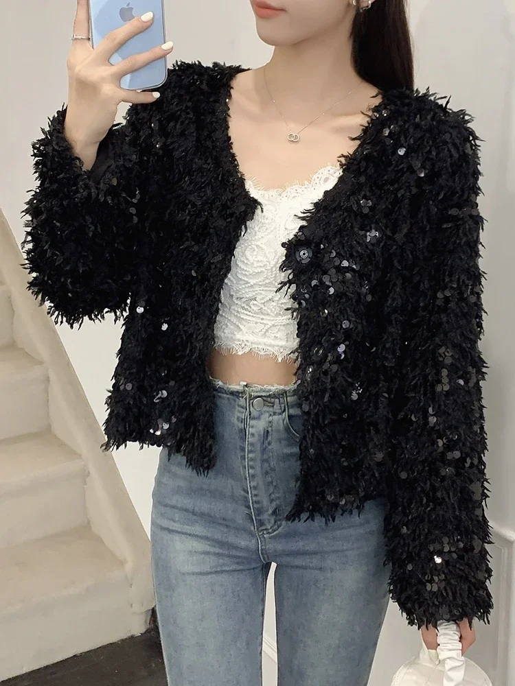 Pink Sequins Jacket Women 2023 Fashion Elegant V Neck Long Sleeve Feathers Coats Autumn Winter New Single Breasted Coat