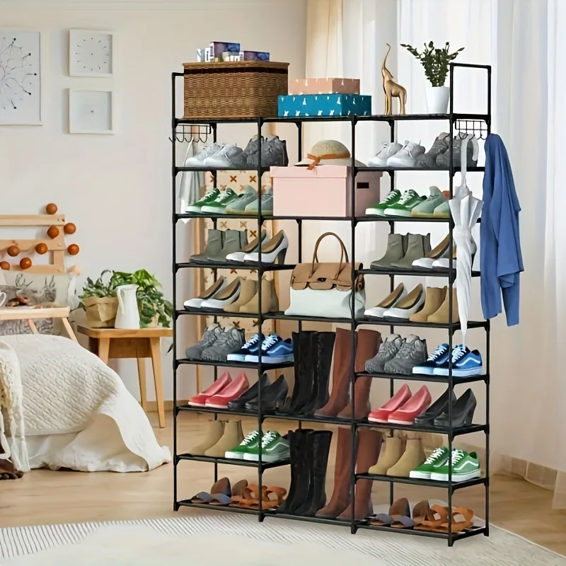 9 Tiers Shoe Rack Metal Shoe Storage Shelf Free Standing Large Shoe Stand With 2 Hooks For Entryway Closet Garage Bedroom